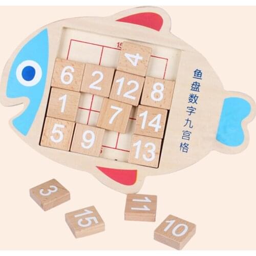 Kids Math Toys Wooden Fish Shape Digital Numbers 1-15 Brain Teaser Huarong Road Toys For Adults & Children IQ Developmental Gift