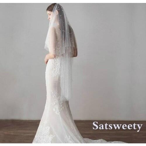 High Quality Soft 2 Layers White Ivory Waltz Length Wedding Veils Pearls Bridal Veil with Comb Wedding Accessories