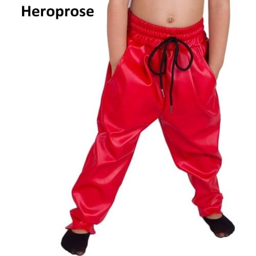 Heroprose New Fashion Childrens clothing Unisex Kids hip hop baggy harem trousers Jazz Faux Leather Front Pleated dance pants