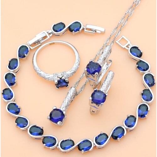 Exquisite Blue Sapphire WhiteTopaz 925 Sterling Silver Jewelry Sets for Women Party Earrings and Ring Sets