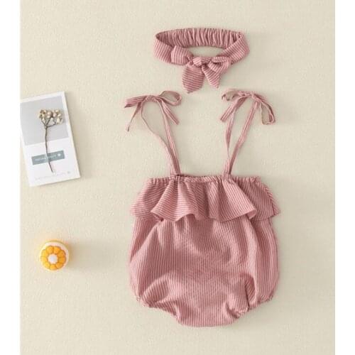Newborn Baby Girls Sling Rompers for Infant Childrens Kids Pink Cotton Jumpsuit Send Headband 3-9M
