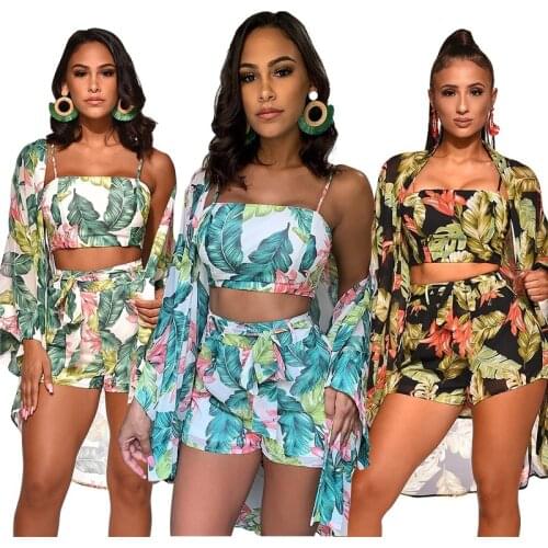 Women Clothes Set 3Pcs Sexy Floral Crop Top Short Pants Coat Casual Ladies Sets Women Sets Clothes Outfits Casual Woman Suit Set
