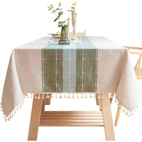 Customizable Cotton Linen Tablecloth Green Plaid Striped Stitching Table Cloth Lace Embroidered Pendant Christmas Table Cover
