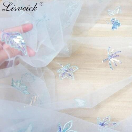 New mesh gauze fabric nylon maple leaf bead embroidered lace fabric High-end fabric for womens and childrens wear dress