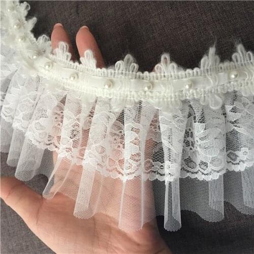 Wholesale lot 5 yards Delicate Ruffle Net Embroidered lace trim with Beads embroidery for Dress DIY-Time
