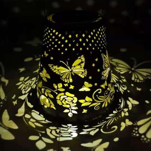 Retro Hollow Out Solar Lantern Outdoor Decorative Hanging Metal Lights Yard Garden Waterproof LED Projector Lamp