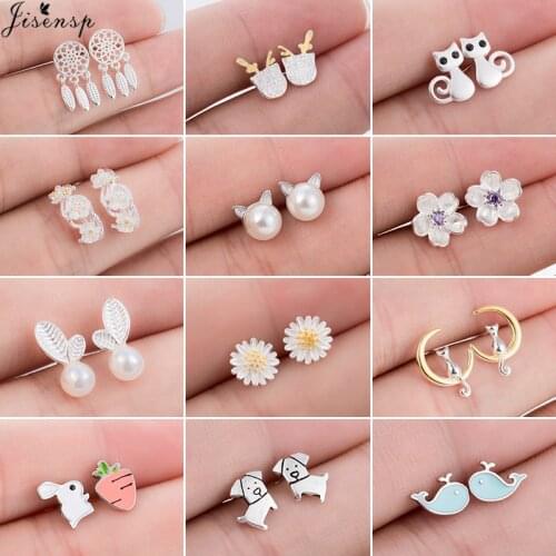 Jisensp Korean Fashion Pearl Cat Earrings for Women Girls Minimalist Daisy Flower Whale Cat Stud Earrings Birthday pendientes