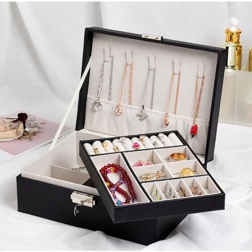23*17.5*9cm PU Double Jewelry Storage Box With Lock Multi-function Earring Necklace Bracelet Jewelry Box Organizer Storage Boxes