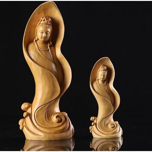 Boxwood 12cm Guanyin Sculpture Lotus Bodhisattva Wood Buddha Statue Feng Shui Worship Home Decore
