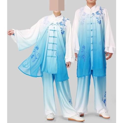 Unisex 3pcs/set Tai chi performance clothing veil gradients blue&white porcelain martial art embroidery uniforms wushu suits