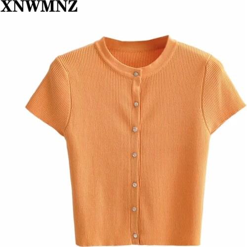 XNWMNZ 2021 ZA Women Fashion Rhinestone Buttons Cropped Knitted Cardigan Sweater Vintage Short Sleeve Female Outerwear Chic Tops