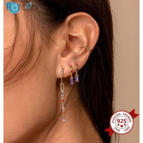 925 Silver Ear Needle Drop Dangle Colorful Earrings for Women Minimalist Gold Color Rainbow Crystal Earrings Fashion Jewelry