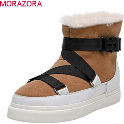 MORAZORA 2021 New arrival winter snow boots cow suede comfortable flat heel round toe mixed colors ankle boots for woman black