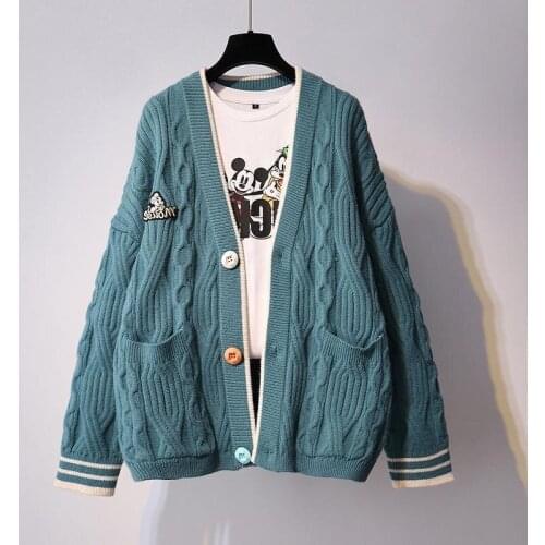 Autumn Winter Cartoon Decal Knitted Cardigan Women Preppy Style Loose Basic Solid Knit Sweater Coats V-neck Chic Outwear New