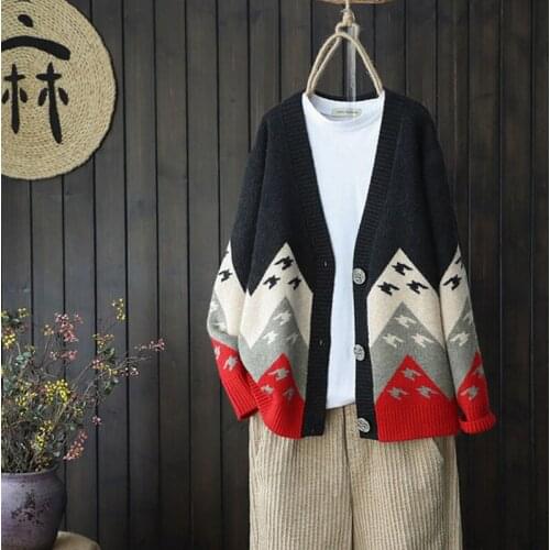 Spring Fall Print Knitted Coat Women Korean Single Breasted Long Sleeve Sweater Cardigan Loose Color Matching Jacquard Knit Tops