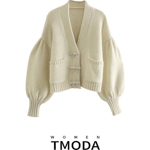 TMODA845 Za Women Fashion With Rhinestone Buttons Knitted Cardigan Sweater Vintage Long Sleeve Loose Female Outerwear Chic Tops