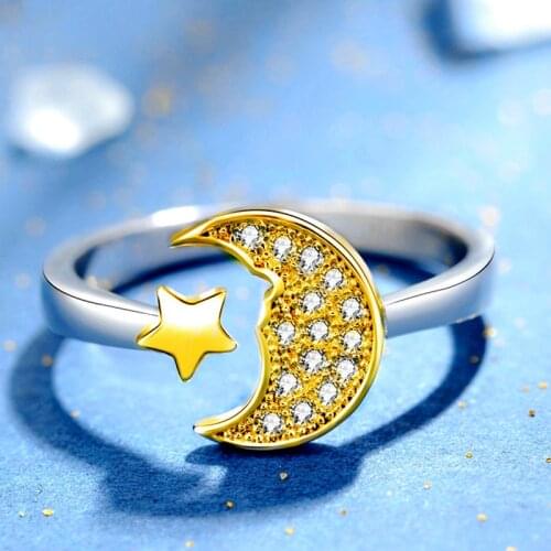 VENTFILLE 925 Sterling Silver Fashion Inlaid Zircon Open Female Ins Japanese and Korean Version of Star-shaped Moon Gem Ring