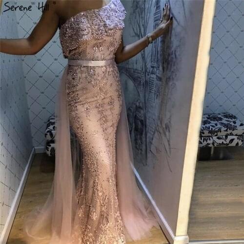 Pink One Shoulder Mermaid Sexy Evening Gowns for Women 2020 Lace Pearls Sequins Elegant Formal Dress Serene Hill BLA70386
