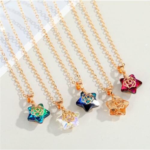 1PC Minimalist Cute Crystal Rose Flower Star Necklace For Women Bohemia Colorful Transparent Zircon Necklace Chain Jewelry Gift