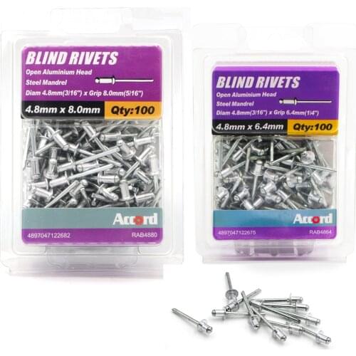 ACCORD 100PCS Open Aluminum Blind Rivet M4.8 4.8mm (3/16") 3.2 4.8 6.4 8mm Tool Set For Wholesale Steel Mandrel nail stud rivet