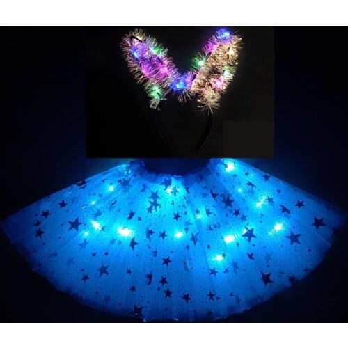 2021 New Mesh Ribbon Light-emitting LED Childrens Skirt Stage Dance Performance Festival Party Big Star Print Headband Sky Blue