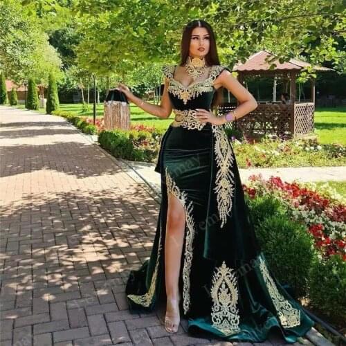 4 Pieces Velvet Muslim Evening Dresses Removable Skirt Arabic Split Prom Gowns Appliques Lace Tassel High Neck Algerian Outfit