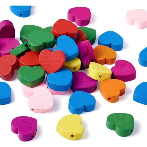 50pcs Mixed Color Heart Wood Beads Heart Wooden Spacer Beads Nice for Childrens Day Jewelry Making Lead Free, Dyed 18x18x6mm