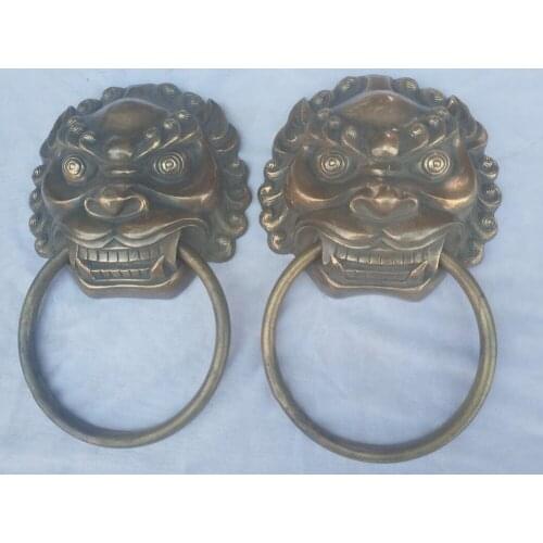 Home door decoration accessories,Collection 1 Pair Chinese Old Bronze lion Door bell,Antique style Metal Knocker