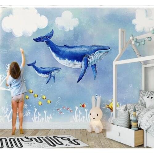 Customized large wallpaper 3D mural hand-painted cartoon seabed sky whale childrens interior decoration wallcovering