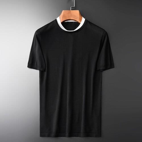 Lyocell Knitting Mens Luxury Summer Round Collar Short Sleeve Tencel Men T-shirts Contrast Color T-shirt Man 4XL