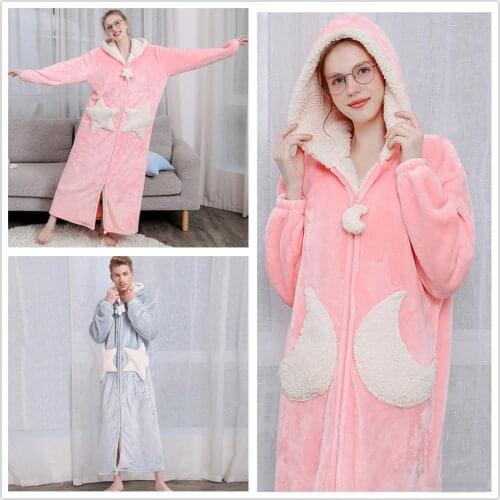 Women Men Coral Velvet Bathrobe Pajamas Robe Couple Winter Warm Cute Hooded Long Nightgown Casual Bath Robes Sleepwear Overcoat