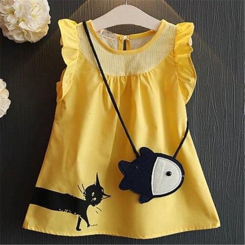 Korean childrens clothing 2019 girls short-sleeved dress summer new small fish bag cat doll dress princess dress k1