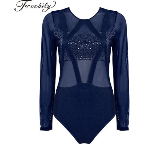 Women Adults Ballets Leotards Round Neck Long Sleeves Shiny Sequin Mesh Splice Gymnastics Leotard Bodysuit Ballet Dancewear