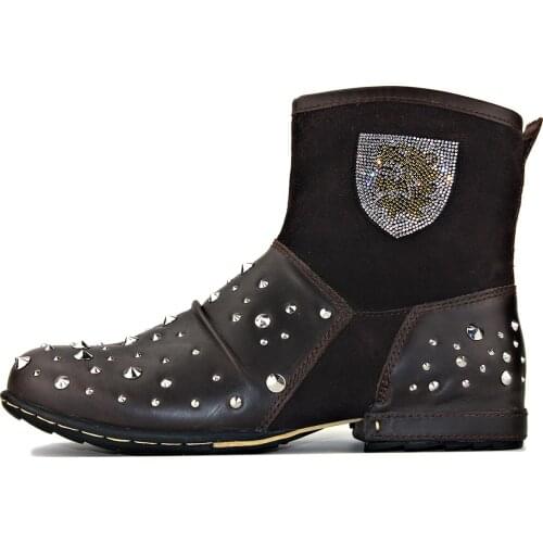 2020 Mens Ankle Boots Punk Cowboy Chukka Boots Zipper-up Motorcycle Boots Men Handmade Western Boots Designer Shoes with rivets