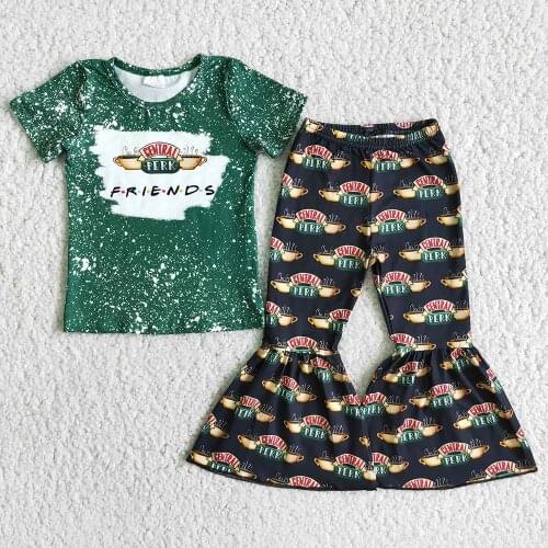 New Arrival Kids Short Sleeve Spring Autumn Outfit Little Girls Letters Design Top Match Flare Pants Clothing Suit