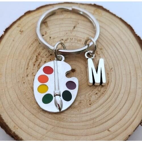 NEW Painters Tools-Palette & Brush Keychain Personalized letter A-Z charm Pendant Key Chain Ring DIY Fit Keychain
