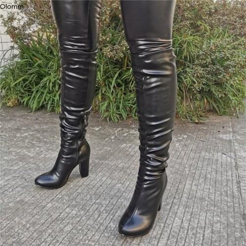 Olomm New Arrival Handmade Women Knee High Boots Square High Heels Boots Round Toe Elegant Black Dress Shoes Women US Size 5-15