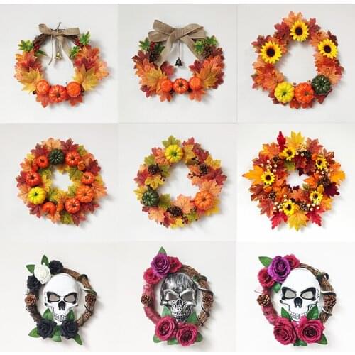 Autumn Maple Leaf And Pumpkin Garland Farmhouse Decoration Horror Skull Rose Wreath For Halloween Door Ornament