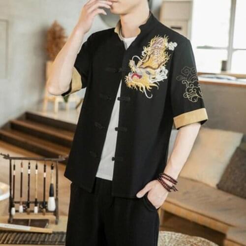 Chinese Dragon Shirt 2021 New Summer Embroider Tang Suit Kung Fu Clothes Vintage Traditional Chinese Clothing For Men Top KK3554