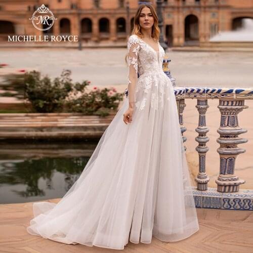 Michelle Royce A-Ling Wedding Dresses 2021 V-Neckline Long Sleeve Illusion Appliques Chapel Train Bridal Gowns Vestido De Noiva