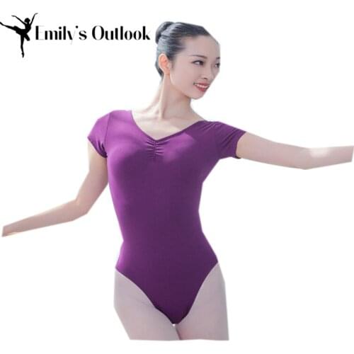 Womens Short Sleeve Ballet Dance Leotard One Piece Gymnastics Bodysuit With Removable Chest Pad Cotton Adult 2XL