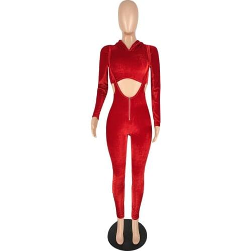 Matching Set Long Sleeve Fashion Workout Tracksuits Skinny Top And Pants Co-ord Sets Sexy Red Bodycon Hooded Romper Suits Women