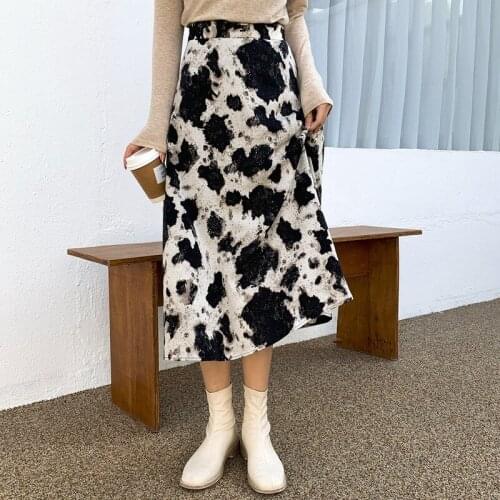 Cow Pattern High Waist Skirt Women Print A-line Loose Skirts Ladies Spring New Vintage Patchwork Skirt Lady