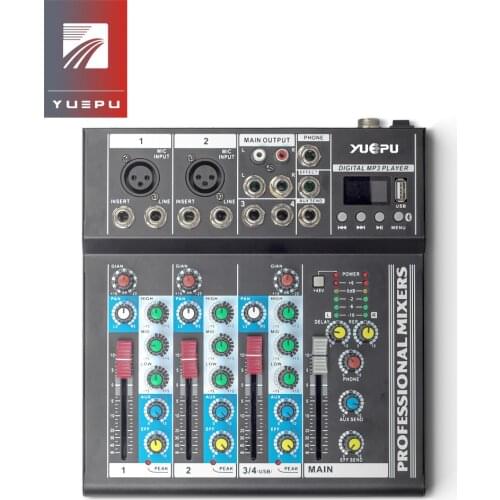 YUEPU RU-F4 Pro Sound Mixing Console USB Mixer Computer Playback 48V Phantom Power Delay Repaeat Effect 4 Channels Audio Mixer