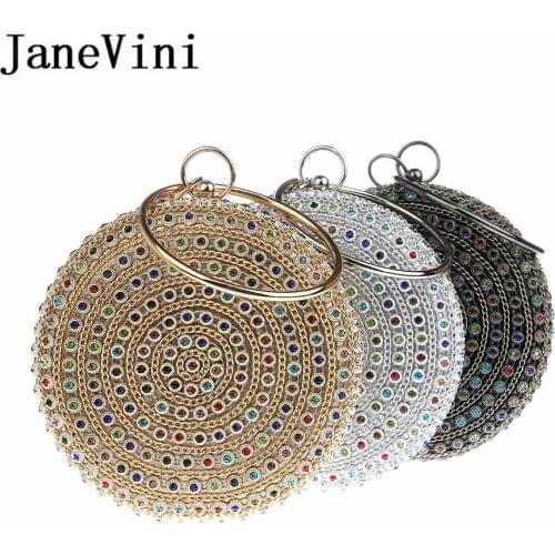 JaneVini Colorful Beads Ladies Clutch Handbags Womens Gold Round Chain Bags Boutique Cocktail Wedding Party Metal Clutches Black