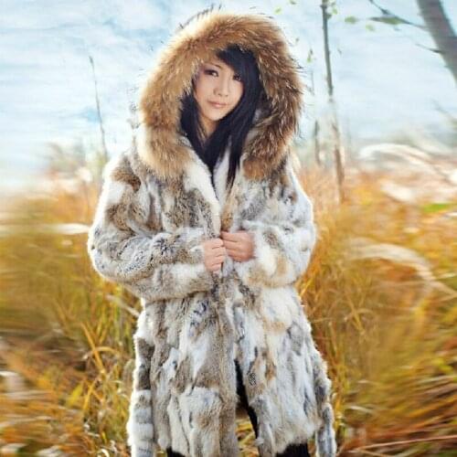 Natural Rabbit Fur Coat With A Raccoon Dog Fur Trim Hood Women Winter Real Rabbit Fur Coat Fashion Fur Outwear