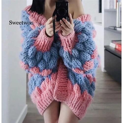 Women Casual Puff Coats Sleeve Knit Cardigan Outwear Sweater Outerwear Loose Splice Coat Female Jackets Outwear