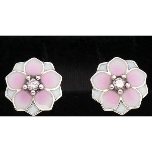 Original Enamel Magnolia Bloom With Crystal Studs Earring For Women 925 Sterling Silver Earring Wedding Gift DIY Europe Jewelry