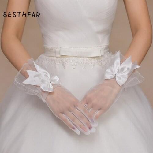 Women White Wedding Bridal Short Gloves Full Finger See Through Ribbon Bowknot Decor Wrist Length Costume Prom Party Solid Color