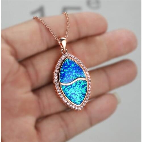 Big Leaf Crystal Wedding Necklace Charm Female White Blue Opal Pendant Necklace Rose Gold Silver Color Chain Necklaces For Women